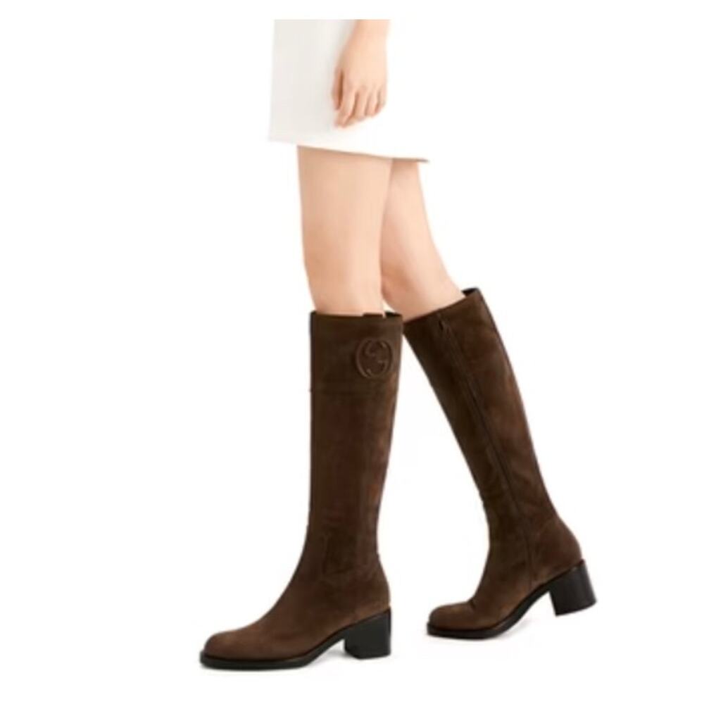 Gucci Brown Suede GG Logo Riding Boots Size 38.5 - Picture 2 of 14